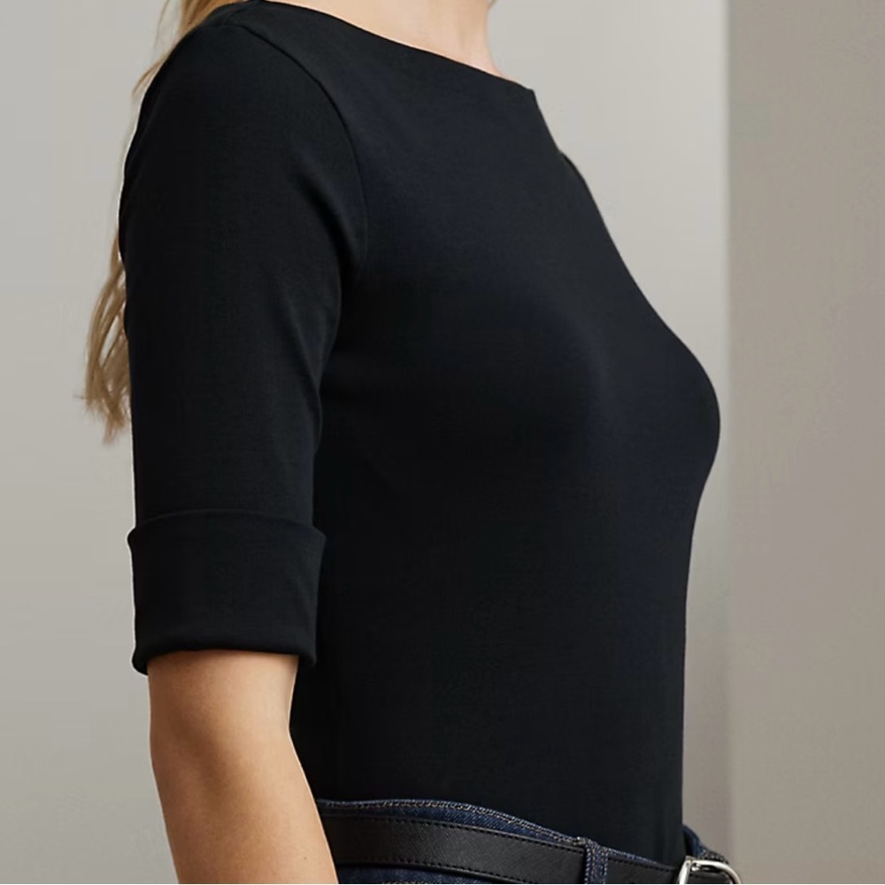 ❌ SOLD ❌ Lauren Ralph Lauren • Stretch Cotton Boatneck Elbow Sleeve Black Tee - Picture 3 of 7